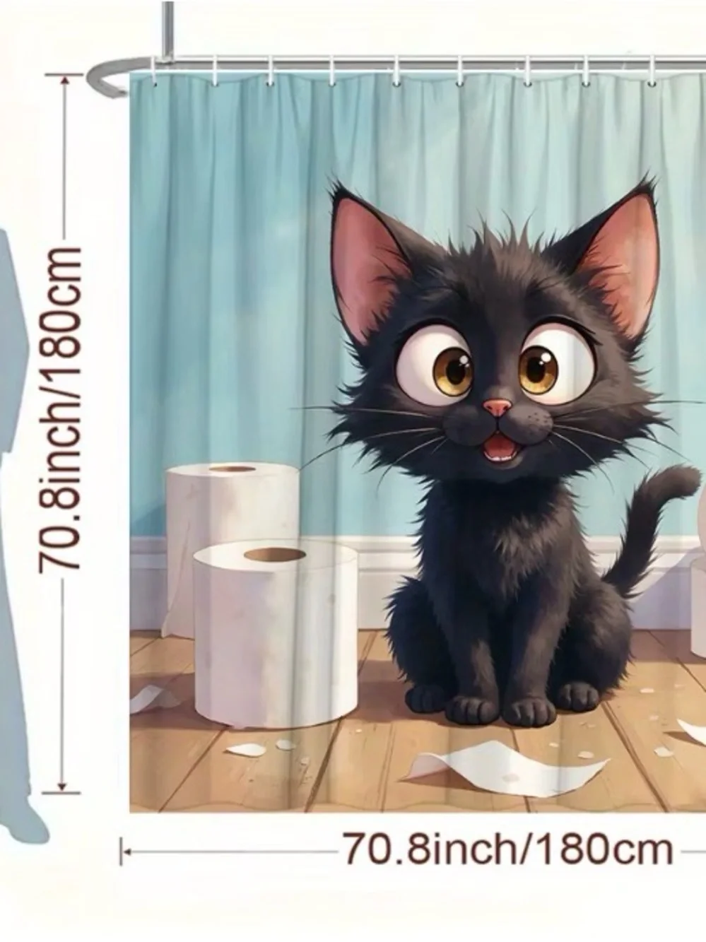 Funny Black Cartoon Cat Shower Curtain - Cute Kitten Design 70” x 70”